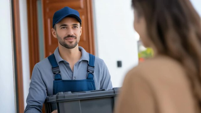 A joyful maintenance worker in a uniform is talking about home maintenance, repair, and service in front of a modern house while holding a toolbox.