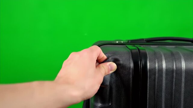 Closing Black and White Suitcase on Green Screen for Travel Advertisement Footage