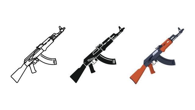 AK-47 Assault Rifle Variants: Line Art, Silhouette, and Color Flat Design Vector Illustration