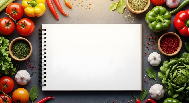 Open spiral notebook surrounded by fresh vegetables and spices on a dark kitchen surface, topdown view