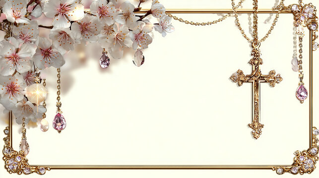 A golden ornate frame decorated with pink cherry blossoms and a jeweled crucifix pendant, featuring blank central space for text or a photo.