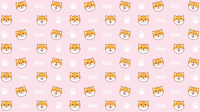Cute Shiba Inu faces smile cheerfully. Pink background adds soft, playful tone. Paws and "woof" text reinforce playful theme. Pattern repeats evenly for design versatility