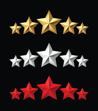Set of Five stars rating red gold silver 3d star collection Clean geometric star icons representing review, feedback, quality and ranking. Isolated on black background, perfect for UI design, apps, we