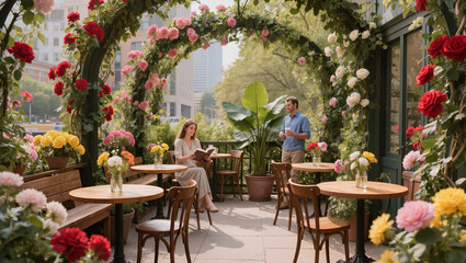 Obraz premium Romantic Outdoor Cafe with Blossoming Rose Arch and Couple