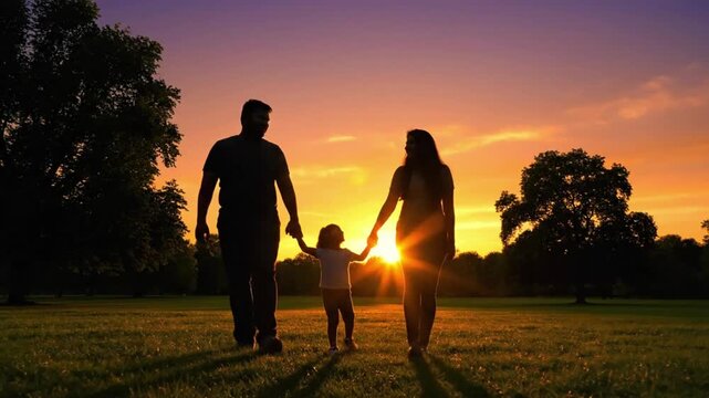 Family walks together at sunset with silhouette against colorful sky in park