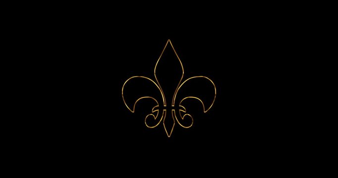 Royal heraldic emblem Golden Fleur-de-Lis Symbol on black background shining. 4K Luxury symbol representing loyalty and nobility Lily symbol ornamental coat of arms. European French Baroque logo.

