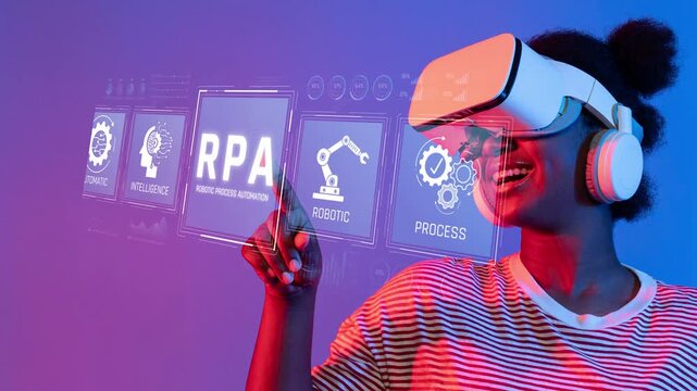 Young woman wearing virtual reality headset with digital display illustrating robotic process automation technology and automation concepts Sigmoid