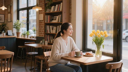 Fototapeta premium Smiling Asian Woman Enjoying Coffee and Sunlight in Cozy Cafe