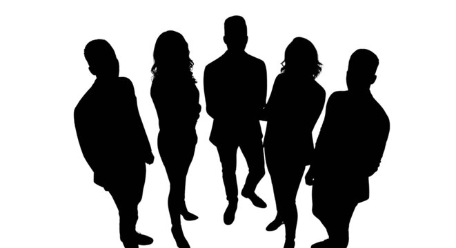 Black silhouettes of five people standing isolated on transparent background, Vector