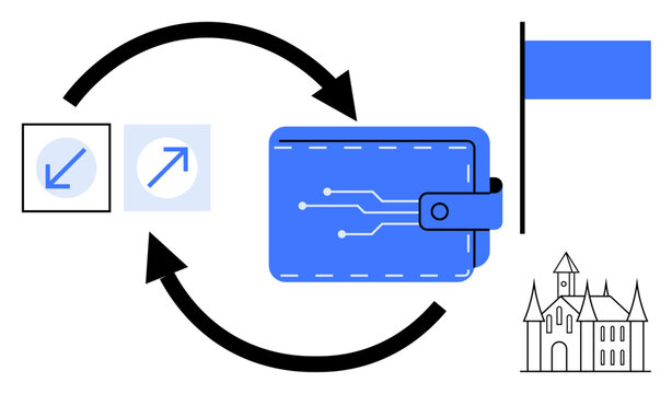 Digital payments, e-wallet services, fintech, data flow, savings management, transactions. Vector wallet with arrows around it, signifying data exchange. Digital payments and e-wallet services