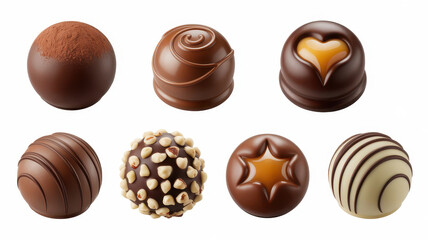 Fototapeta premium A collection of six assorted gourmet chocolate truffles, isolated on a white background
