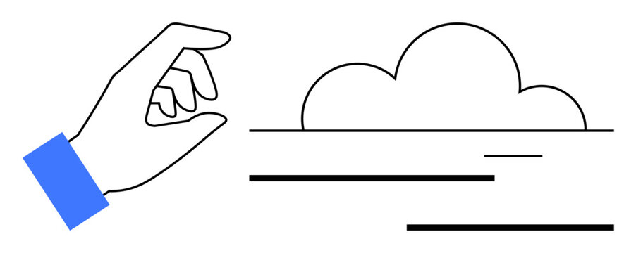 Cloud computing, data transfer, digital services, innovation, technology, online communication. A hand reaches toward a minimalist cloud symbol with lines. Cloud computing and data transfer concept