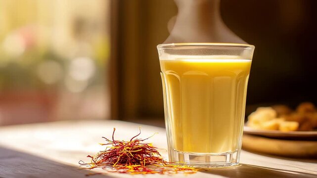 A glass cup of hot saffron tea.