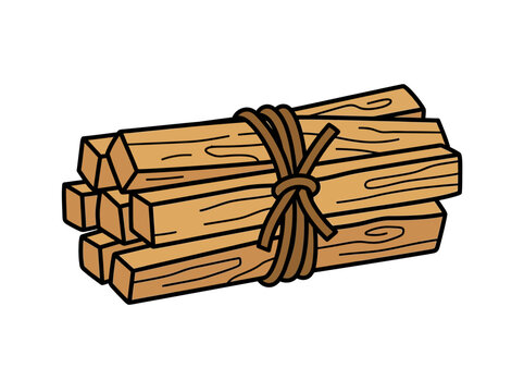 Illustration of a bundle of firewood tied with rope on a white background in a cartoon style with warm brown tones.