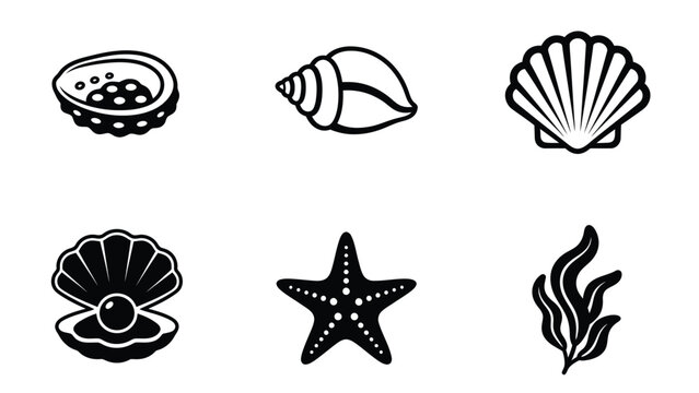 Marine Life Icons Set: Sea Shells, Starfish, Pearl, Oyster, and Seaweed Vector Collection