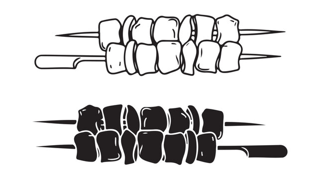 Skewers with meat chunks in black and white Vector, illustration