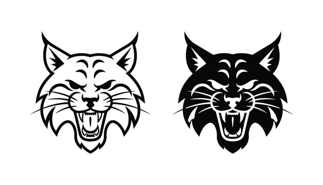Fierce bobcat head icon set featuring aggressive expression in outline and solid black silhouette styles for sports mascot and wild animal branding
