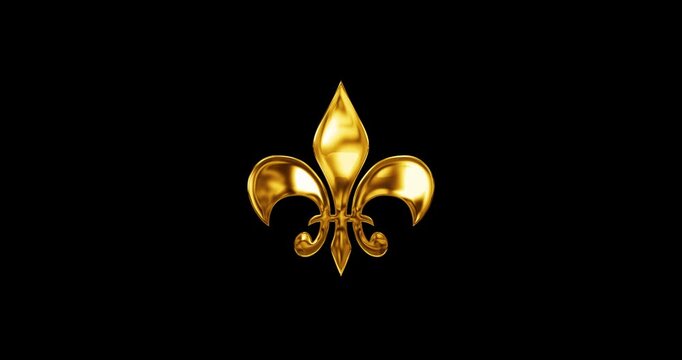 Royal heraldic emblem Golden Fleur-de-Lis Symbol on black background shining. 4K Luxury symbol representing loyalty and nobility Lily symbol ornamental coat of arms. European French Baroque logo.
