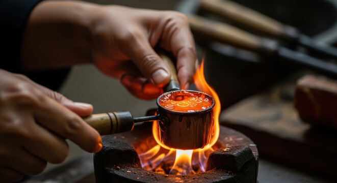 Goldsmith Melting Metal in a Small Crucible over Open Fire