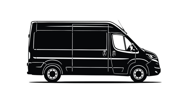 Professional Side View Silhouette of a Large Commercial Delivery Van. Sleek Black Transport Vehicle Vector for Logistics, Shipping, Courier Services, and Moving Company Branding on White Background.