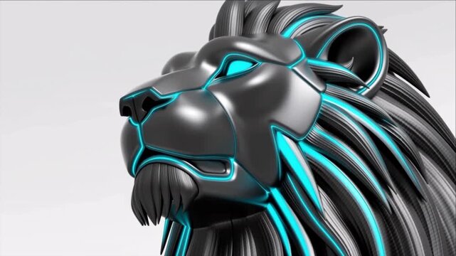 3Dプリントで構築される精密ロボットライオンの顔とシアン色回路の点火タイムラプス
