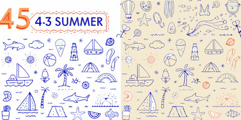 Obraz premium hand drawn summer themed doodles with nautical elements beach objects and tropical plants high quality