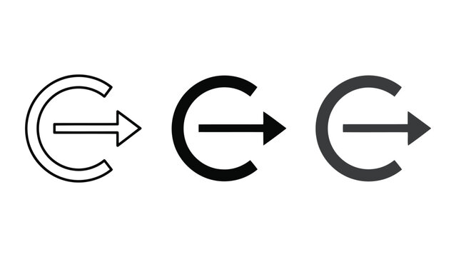 Set of three logout icons with arrows, showing outline, solid black, and dark gray variations for exit or logoff action, vector illustration