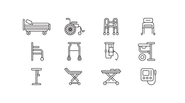 Set of thin line icons for medical furniture and mobility aids like stretchers and wheelchairs
