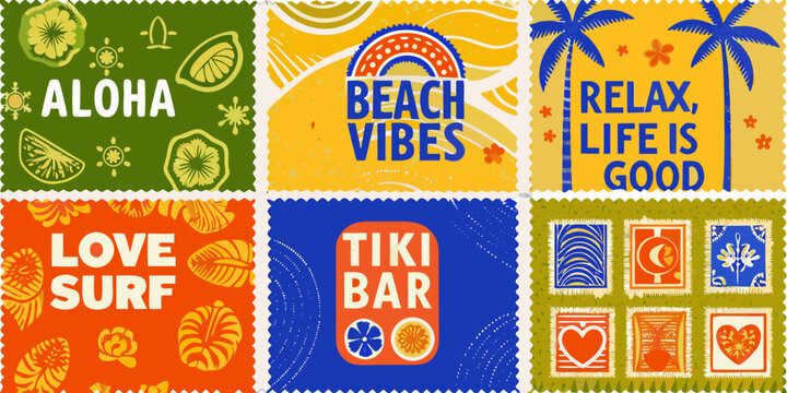 Colorful retro inspired postage stamps with tropical themes aloha beach vibes and tiki bar designs