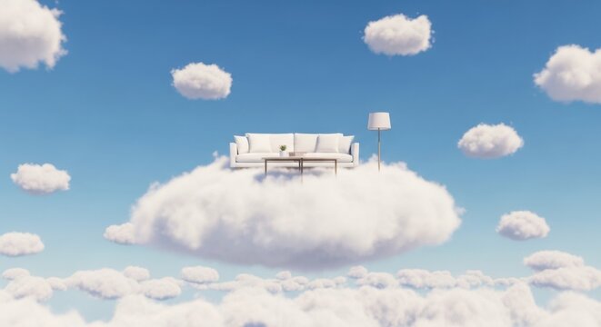 Minimalist white sofa and lamp floating on a cloud in a blue sky, surreal interior design concept
