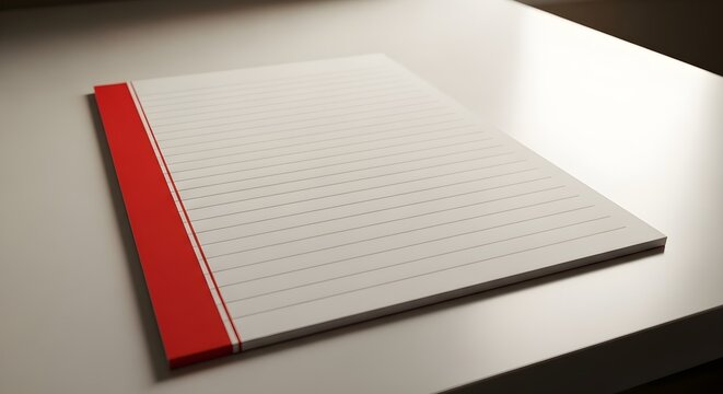 A single sheet of lined paper with a red lefthand margin, isolated on white background