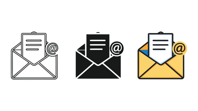 Email communication icons set: outline, solid black, and colorful envelopes with '@' symbol, vector illustration