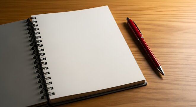 Open spiral notebook with a red pen on a wooden table