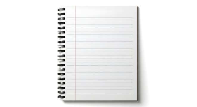 A topdown view of an open spiralbound notebook with lined pages isolated on white background