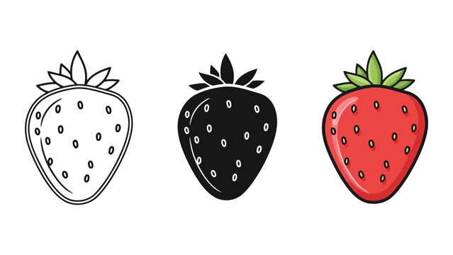 Three Strawberry Styles: Outline, Silhouette, and Realistic Color Vector Illustration