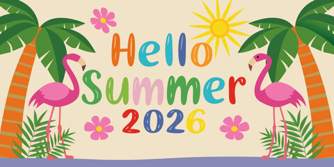 Colorful hello summer typography with flamingo and palm tree illustration on pastel background high quality © Rekha