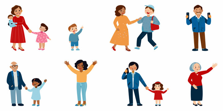 Diverse group of eight illustrated people colorful vector characters on a white background high quality