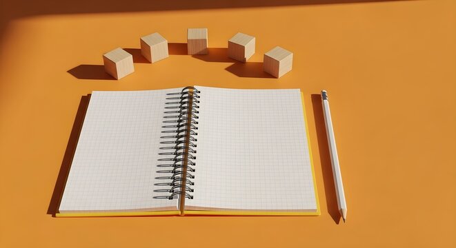 Open spiral notebook with grid paper, wooden blocks, and a white pencil on an orange background