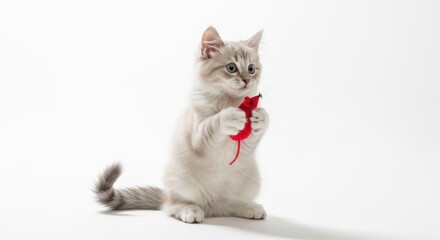 Adorable fluffy kitten playing with red toy mouse, cute grey striped cat sitting on white background, playful young feline with pet toy