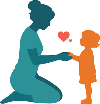 Caregiver and child illustration showing affection, love, and nurturing bond with heart symbol design