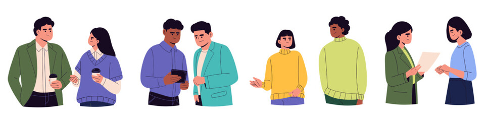 Obraz premium Flat illustration set of people communicating and interacting in daily life, featuring conversations, teamwork, business discussion, and social connection. collaboration, friendship, office communicat