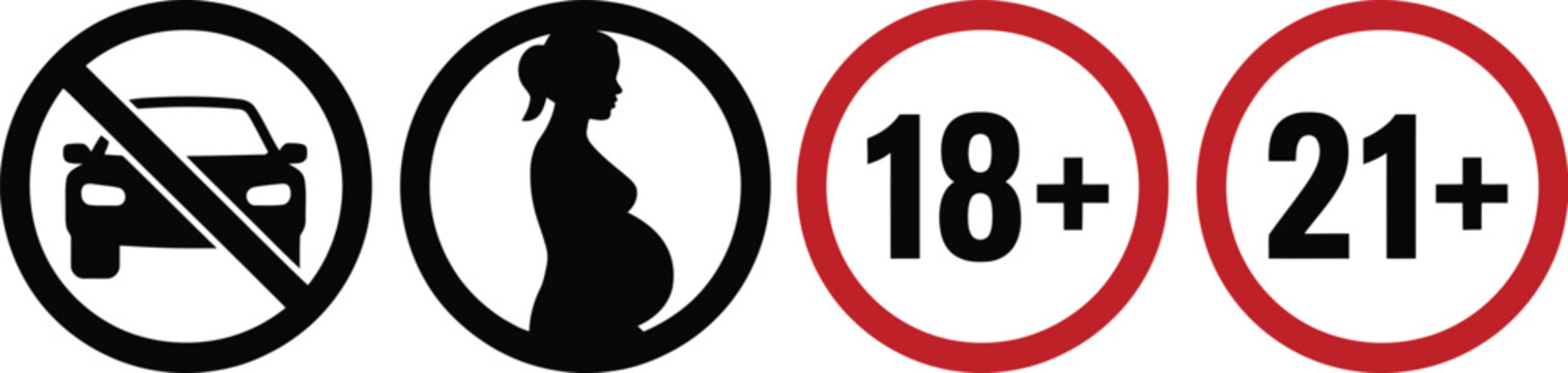 Prohibition and age restriction icons set, no entry style warning symbols including cars pregnancy caution 18 plus and 21 plus indicators, black vector outline and solid shapes, simple regulatory icon