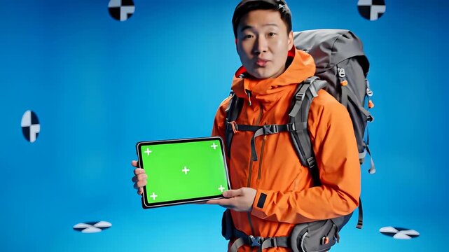 Excited Asian man hiker holding a tablet with a green screen in front of a blue background.