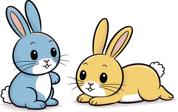 Cute rabbits illustration showing colorful cartoon animals in playful sitting and lying poses design