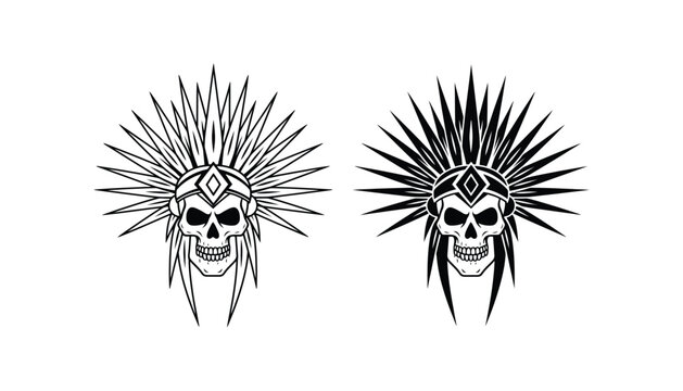 Skull wearing tribal feathered war bonnet vector illustration set featuring line art and silhouette graphic styles