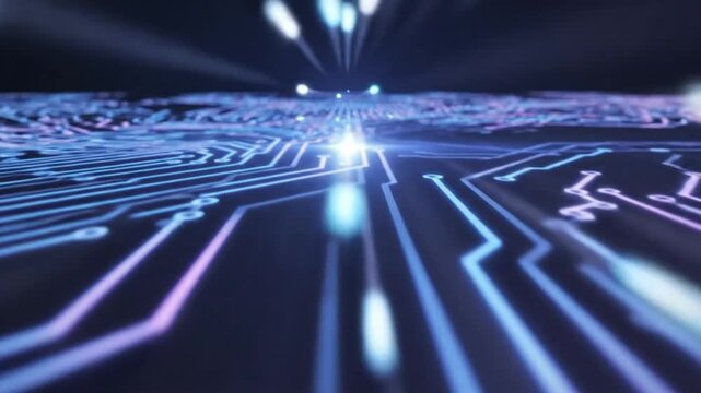 Glowing blue purple neon circuit board lines create a visual pattern in the dark