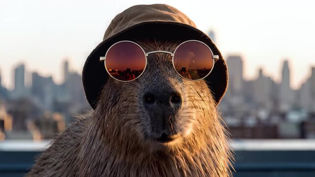 Funny Capybara Wearing Bucket Hat and Sunglasses Against City Skyline