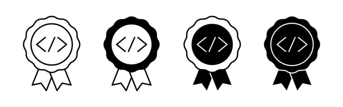 Code badge icon set with programming symbols in modern monochrome styles for developer and software themes