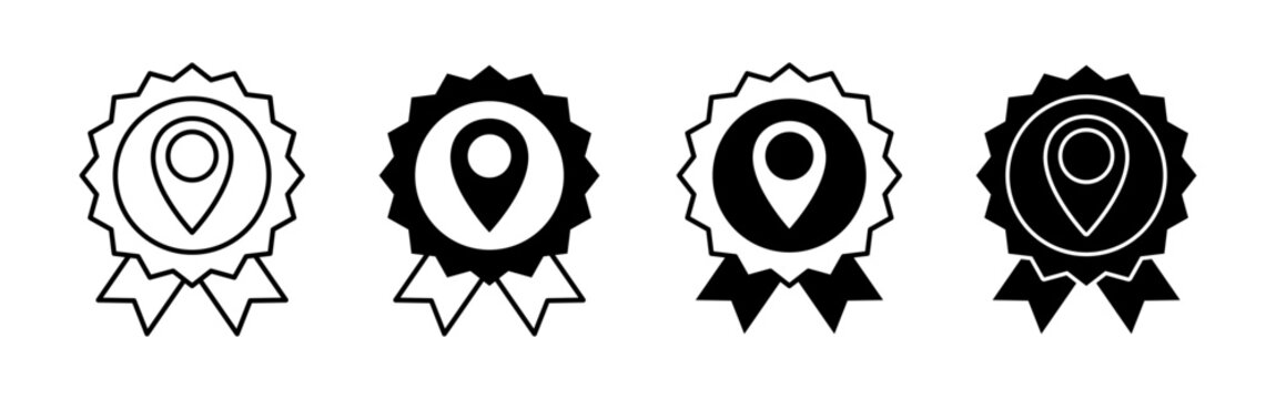 Location pin badge icon set in monochrome styles for mapping navigation tracking and geographic concepts
