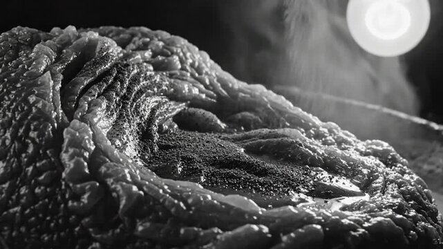 Black and white close up of a steaming, textured surface being seasoned with spice or flavoring for culinary preparation